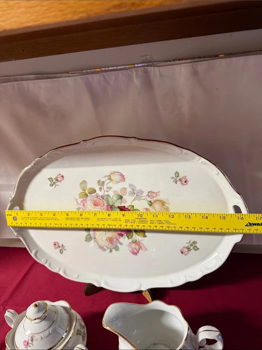 Fine Porcelain Rose Creamer and Sugar Set with Serving Tray - White and Pink